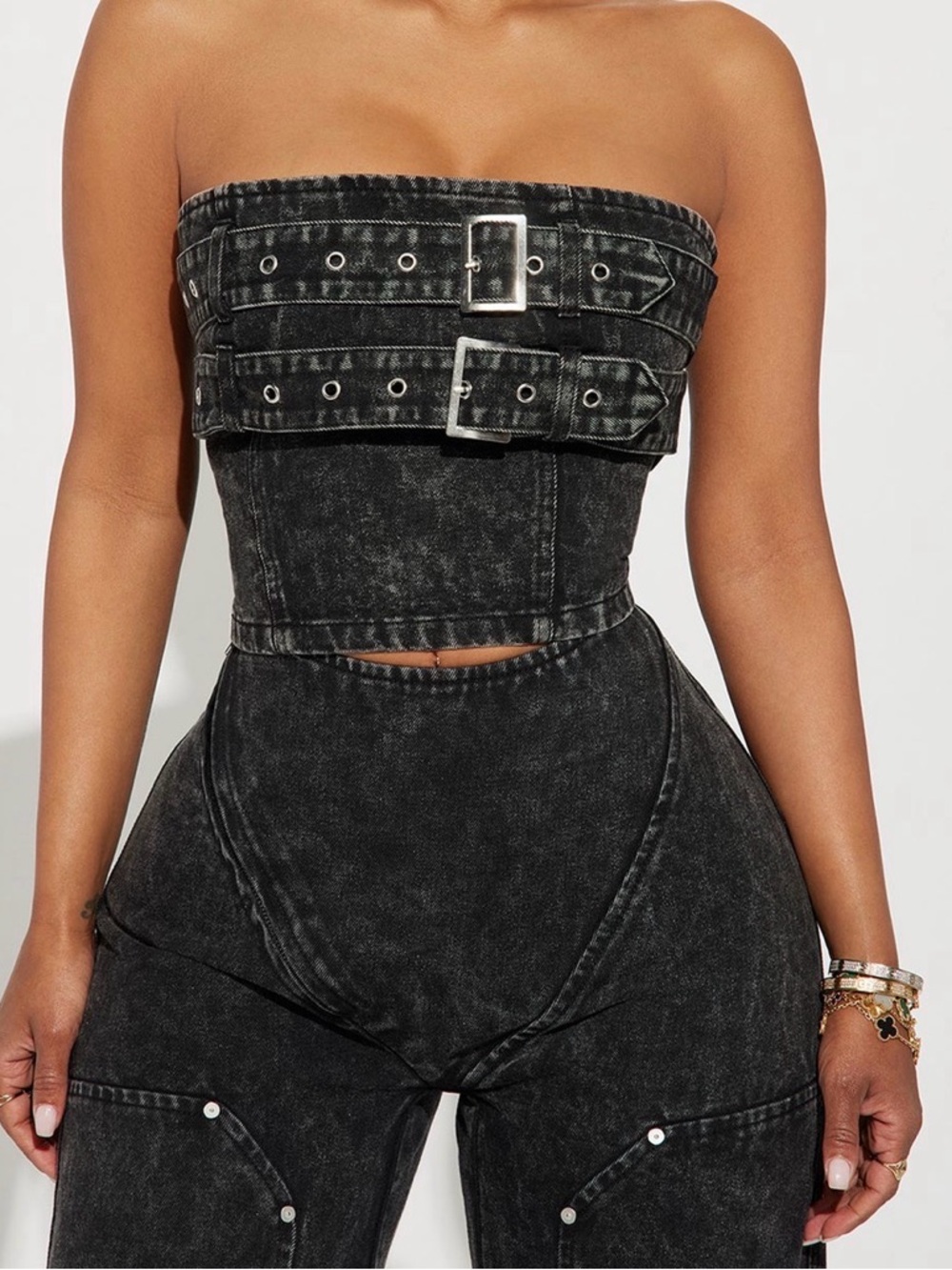 Fashion Nova Black Washed Strapless Denim Jumpsuit - Picture 2 of 3